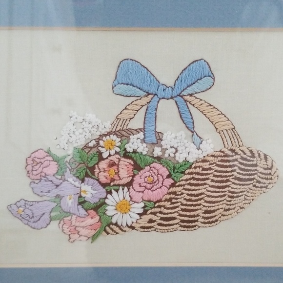 Basket Of Wildflowers Hand Made Framed Needlework - Picture 7 of 8